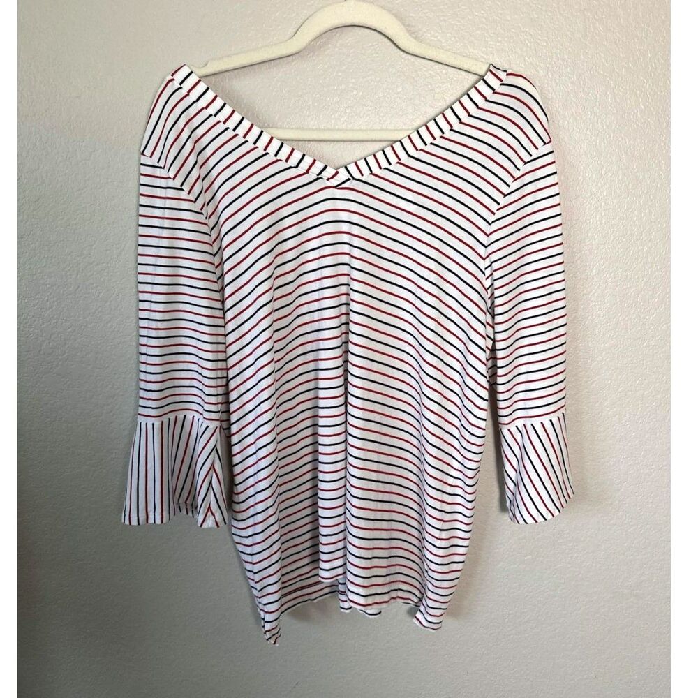 J. Jill Striped Pima Cotton Modal V-Neck Bell Sleeve Top Large Red White Black